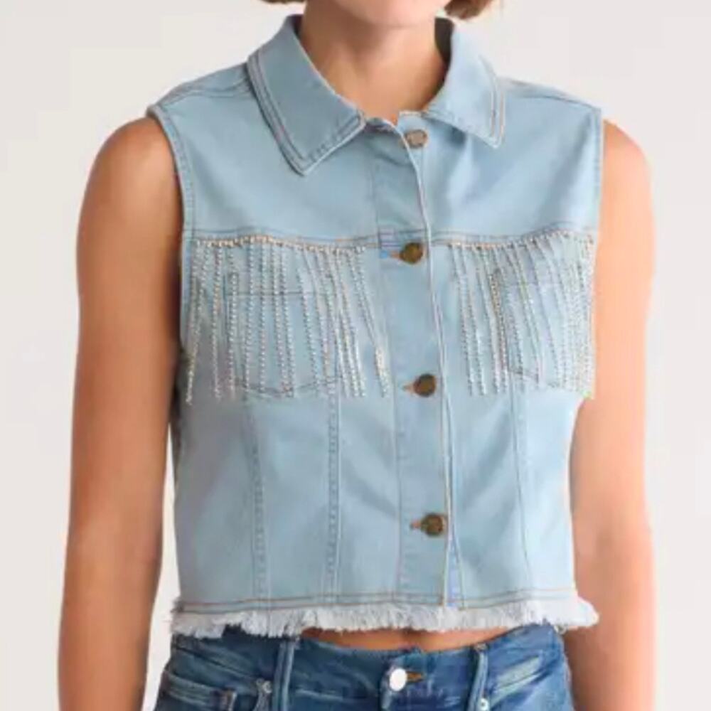 NWT BEBE DENIM Crystal Fringe Western Cowboycore Denim Vest, Sz M